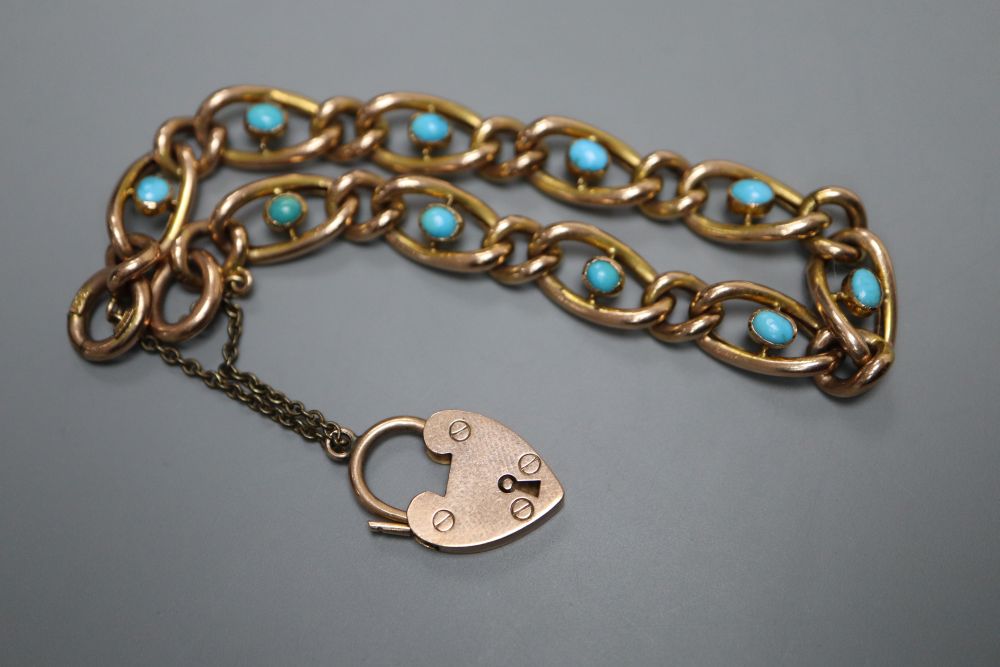 An Edwardian 9ct oval link bracelet, set with ten cabochon turquoise stones, approx. 18cm, gross 9.7 grams.